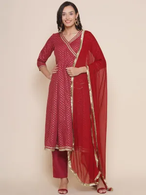 Maroon Printed Angrakha Style Kurta With Maroon Solid Palazzo & Dupatta